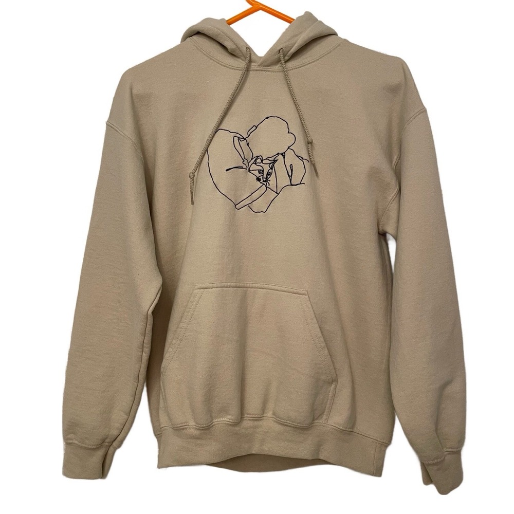 Cat Lover Hoodie Mens Size Medium Light Tan Custom Sweatshirt Gildan Heavy Blend